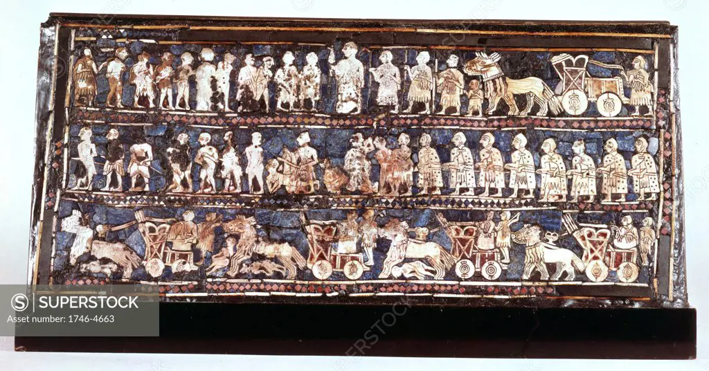 Standard of Ur, the war side, from the Royal Cemetery at Ur c2500 BC. Lapis lazuli, mother-of-pearl, shell and coloured stone mosaic. Sumerian. British Museum
