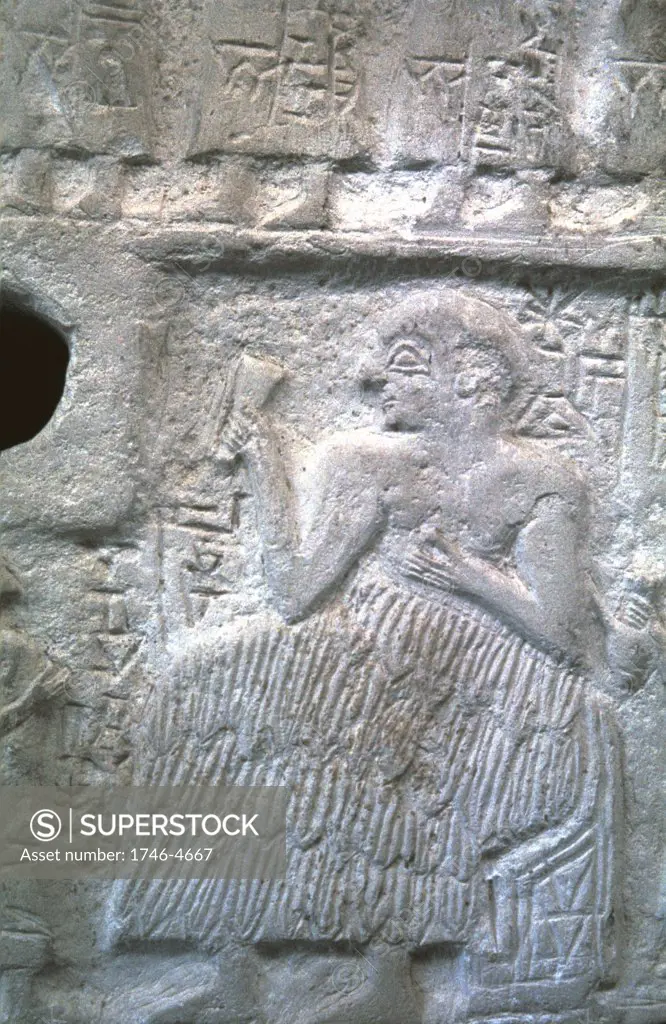 Ur-Nanshe, king of Lagash, Sumeria. Ur Dynasty I (2650-2350 BC) Detail of limestone relief showing Ur-Nanshe wearing traditional fur skirt or Kaunakes. Louvre, Paris