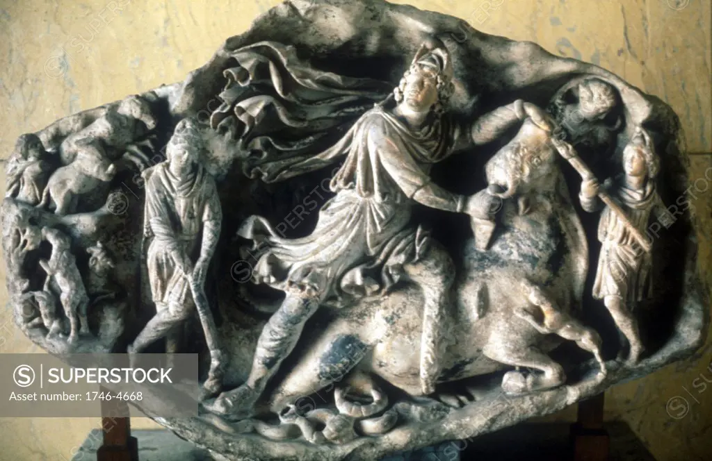 Mithras, ancient Persian god of light and ruler of universe, slaying the bull. Roman marble sculpture. AD100-150, Vienna, Kunsthistorische Museum.