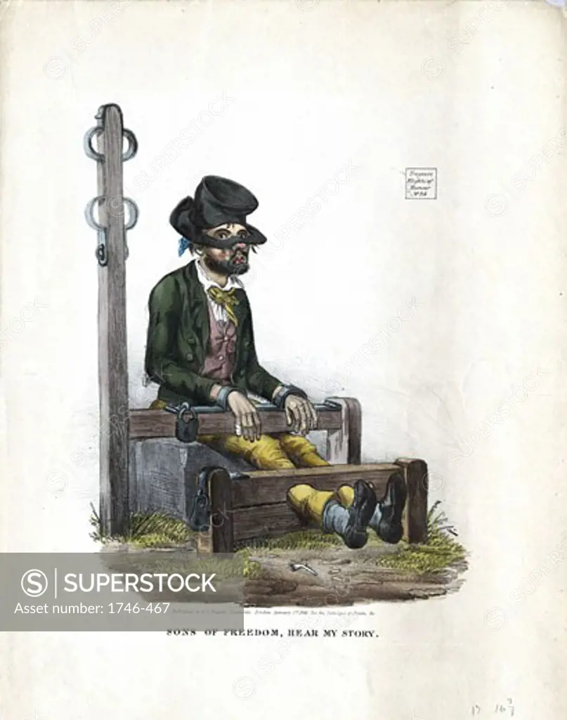 Man, looking as if he has been in a drunken brawl, serving his sentence in the village stocks. Attached to stocks is the pillory post with constraints for the arms. Lithograph London 1834