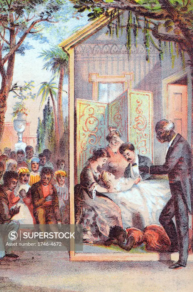 Harriet Beecher Stowe Uncle Tom's Cabin first published 1852. Death of Eva from tuberculosis. Tom and Topsy with family at bedside while rest of slaves in courtyard pray for Eva. Chromolithograph c1870.