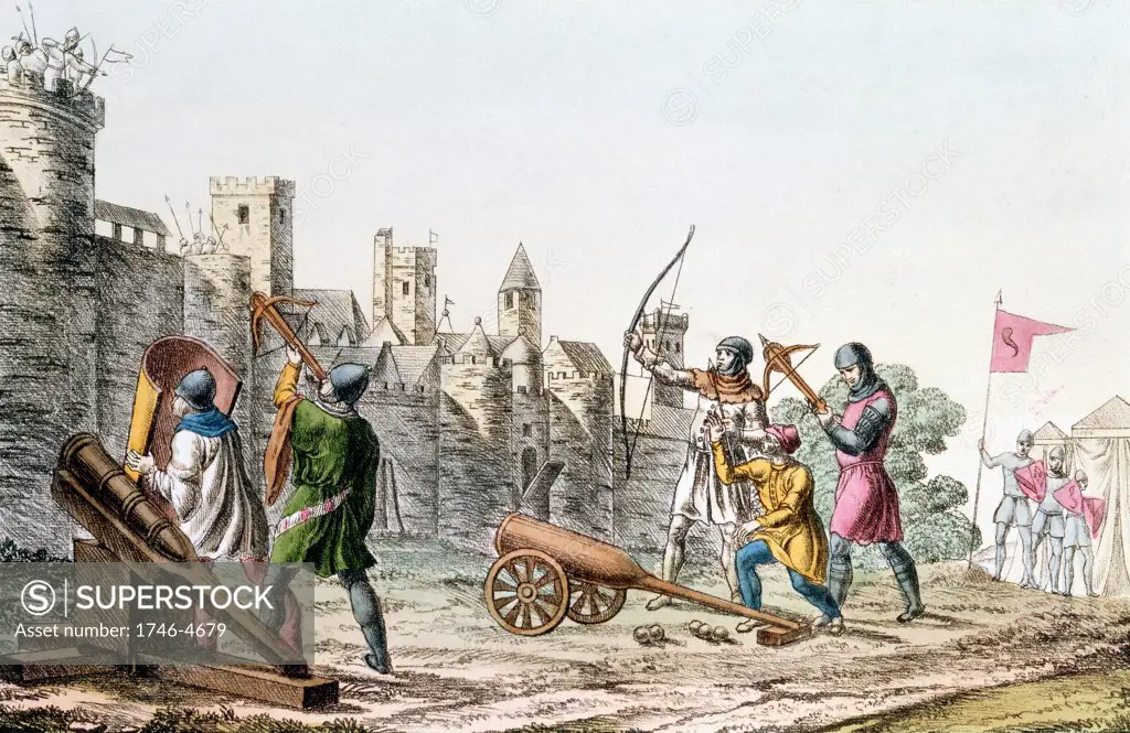 Hundred Years War between France and England. English troops attacking the walls of a French town with early cannon and both longbows and crossbows (1375-1425) Hand-coloured lithograph c1830.