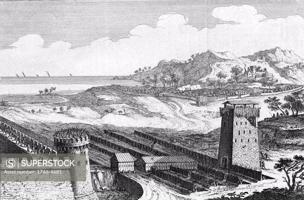 Reconstruction of Julius Caesar's siege of Marseilles, showing the musculus or covered way to protect engineers approaching walls of besieged city. 18th century engraving.