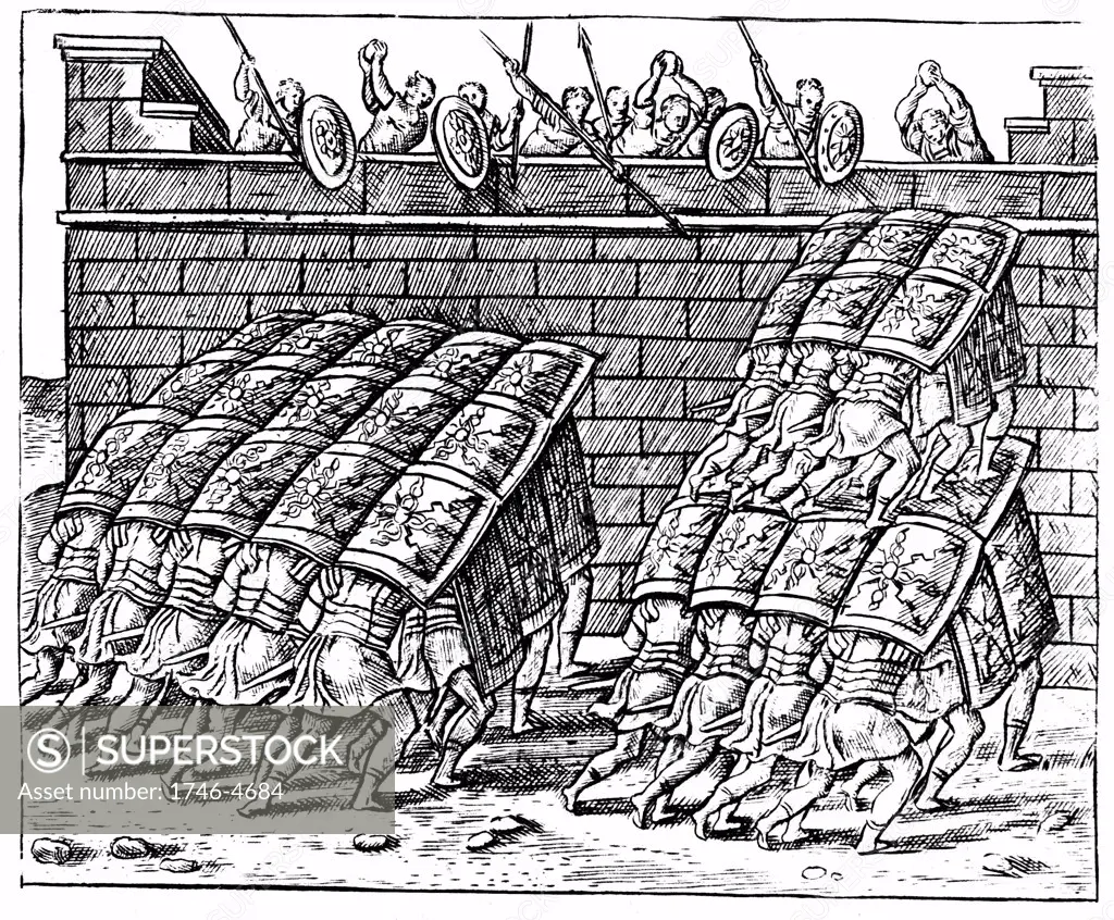 Roman soldiers forming a Tortoise with their shields and approaching the walls of a besieged fortress. Engraving from Justus Lipsius Poliorceticon Antwerp 1605.