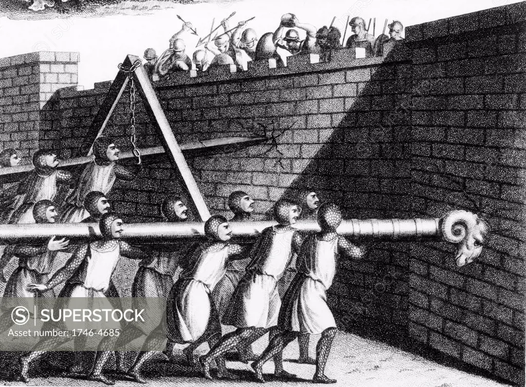 Attacking walls with battering rams. The one mounted on chains could be given more impetus than one carried on shoulders. Engraving c 1800.