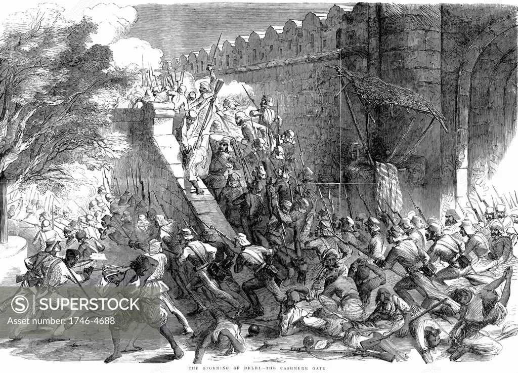 Indian (Sepoy) Mutiny, also known as the Sepoy Mutininy or the Great War of Independence: Siege of Delhi; Colonel Campbell's troops storming the Cashmere Gate after engineers had blown it up. From Illustrated London News 1857. Wood engraving.