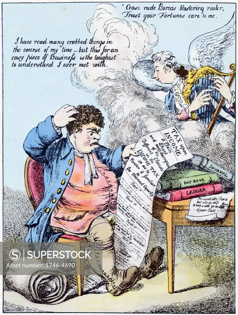 Income Tax: John Bull scratches his head at William Pitt's (1759-1806) introduction of Income Tax. Pitt is shown as angel playing harp.  Hand-coloured cartoon in style of Gillray: 1798.