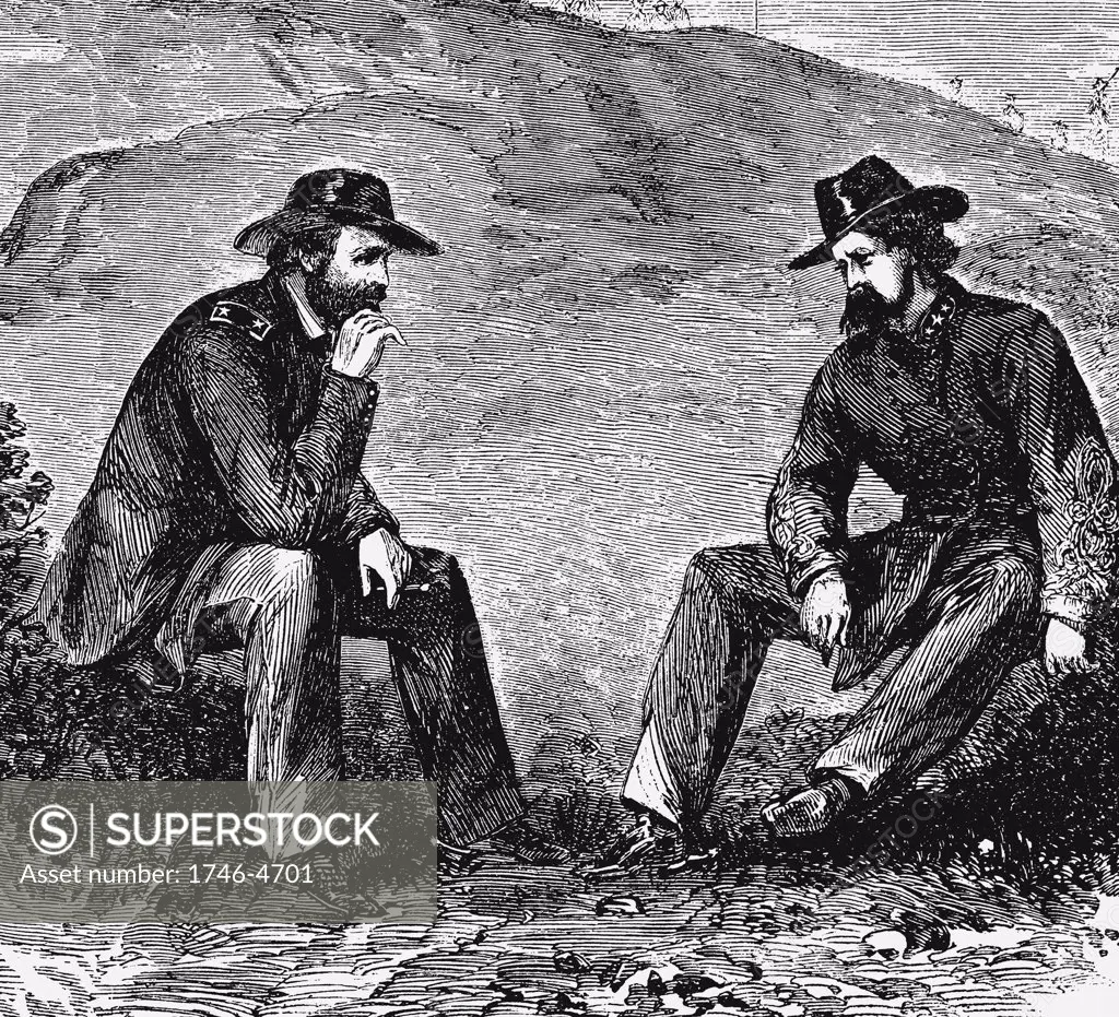General US Grant (left) negotiating terms with General John Clifford Pemberton (1814-1881) Confederate (southern) commander for surrender of Vicksburg. American Civil War 1861-1865. Engraving.