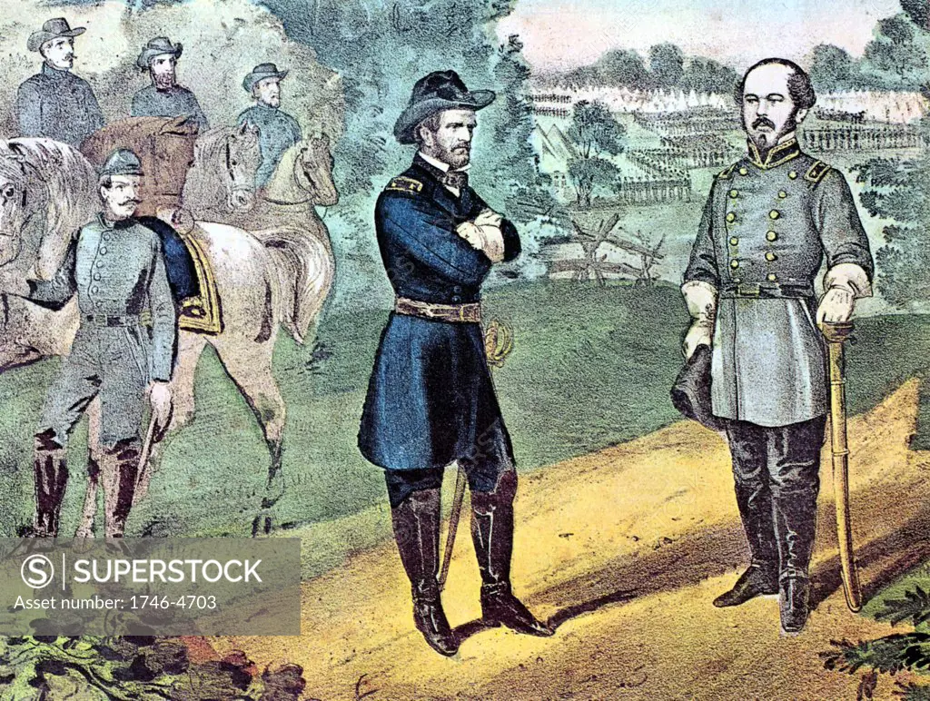 American Civil War 1861-1865: William Tecumseh Sherman (1820-1891) left, Unionist (northern) general, meeting General Joseph E Johnston to discuss terms of surrender of Confederate (southern) forces in North Carolina. After Currier & Ives lithograph.