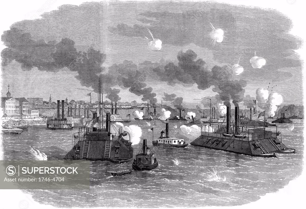 American Civil War 1861-1865: Destruction of the Confederate (Southern) flotilla by Unionist armoured gunboats at Memphis, Tennessee, July 1862. Wood engraving.