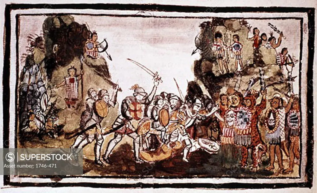 Hernando Cortes (Cortez - 1485-1547) Spanish conquistador attacking natives in Mexico