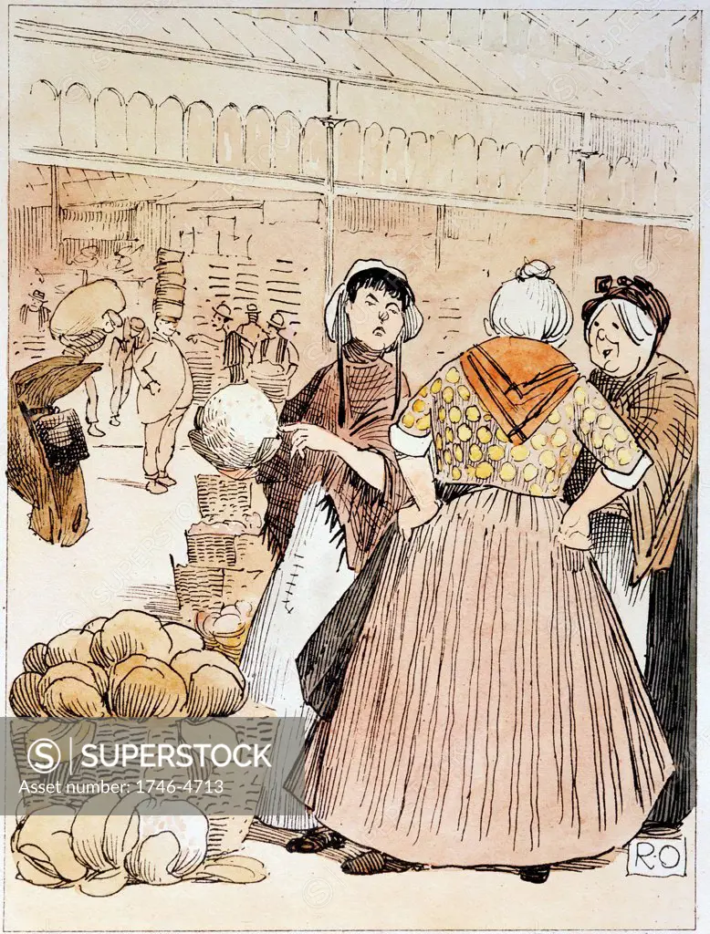 Market women discussing the merits of cauliflowers. In left background a porter is carrying a stack of baskets or 'strikes' on his head. Covent Garden fruit and vegetable market, London. Early 20th century pen and wash.