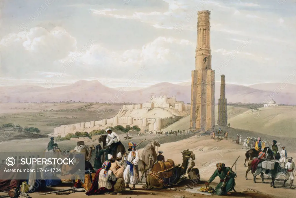 First Anglo-Afghan War 1838-1842: Ghanzi: fortress, citadel and remains of 2 minarets. Changed hands a number of times during hostilities. From Atkinson Afghanistan London c1850. Hand-coloured lithograph.