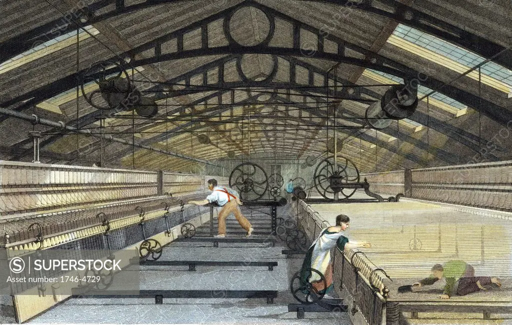 Cotton manufacture: mule spinning. Note boy on right employed to crawl under threads & sweep up. Self-acting mule of type devised by Richard Roberts 1825.  Roof of building supported by iron trusses. Engraving c1830.