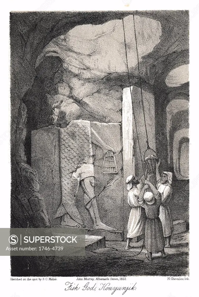 Excavating a low-relief carving of the Fish god Dagon. From Austen Layard  Discoveries in the Ruins of  Ninevah and Babylon London 1853. Lithograph.