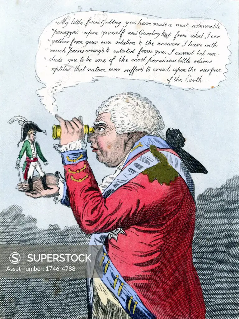 The King of Brobdingnag and Gulliver. James Gillray cartoon of July 1803 showing George III viewing a miniscule Napoleon. Hand-coloured engraving
