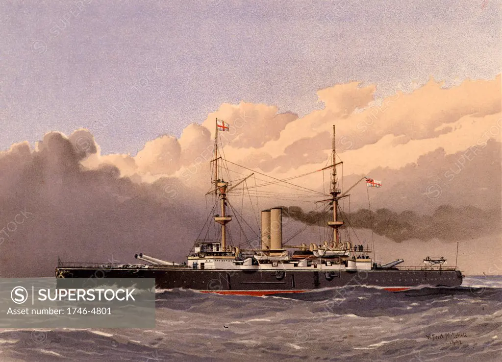 HMS Royal Sovereign, British lst class battleship.  Laid down 26 February 1891. Commissioned 31 May 1892. Sold for scrap 7 October 1913.  Illustration by William Frederick Mitchell. Lithograph 1892.
