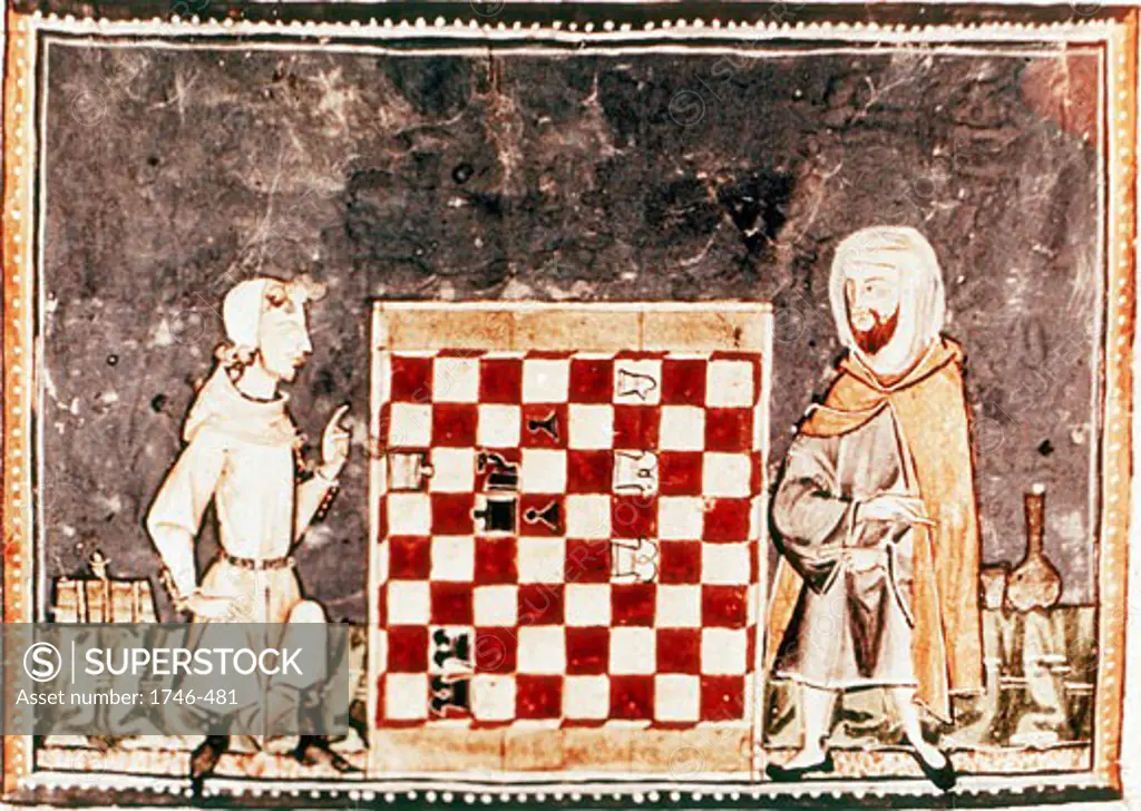Game of Chess between a Crusader and a Saracen. From Spanish manuscript of a treatise on chess by Alfonso X, the Wise (1221-1284) king of Castile and Leon from 1252. 13th century