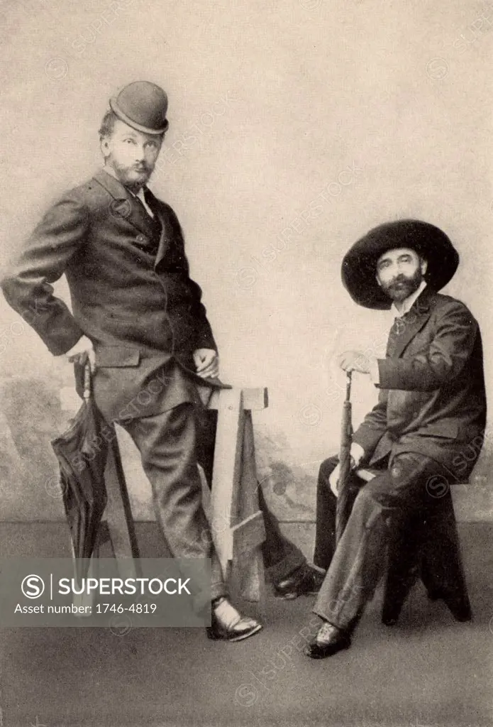 Max Kalbeck, biographer of Johannes Brahms, left, and Brahms' Viennese friend Dr Otto Bauer, wearing each other's hats.  From photograph taken in Ischl, 1892.