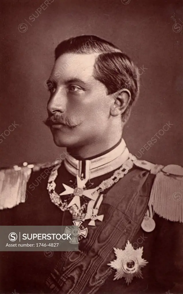 Wilhelm II (1859-1941) Emperor of Germany 1888-1918. Photographic portrait published in London in 1887 before his father began his brief reign as Frederick II.  From Two Royal Lives by Dorothea Roberts (London, 1887).  Woodburytype.