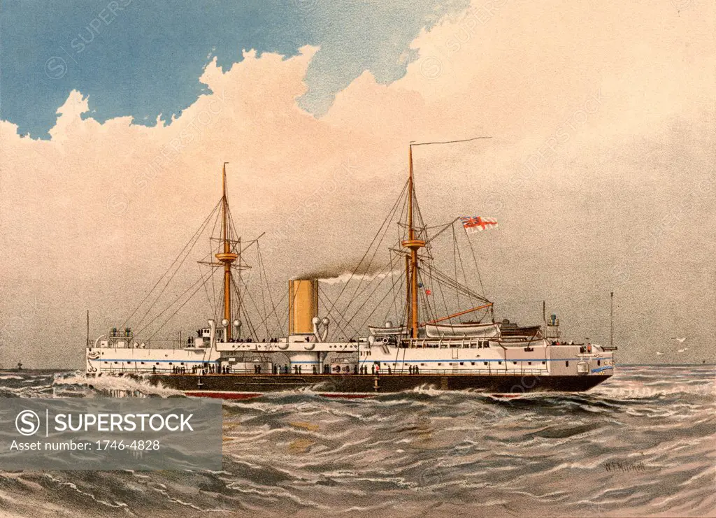 HMS Colossus, 1st class British battleship. Experimental design with main armament amidships, firing through the superstructure. Limited arc of fire.  Illustration by William Frederick Mitchell. Lithograph. 1892.