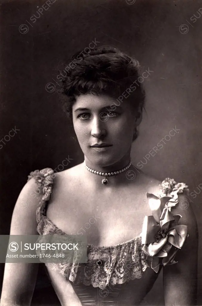 Lillie Langtry (1853-1929, born  Emilie Charlotte le Breton) only daughter of the Dean of Jersey, she was called the Jersey Lily. English society beauty and actress. Among her extra-marital lovers were Prince Louis of Battenberg and Albert Edward, Prince of Wales, the future Edward VII. In 1887 she took American citizenship.  Woodburytype after photograph by W & D Downey, c1892.