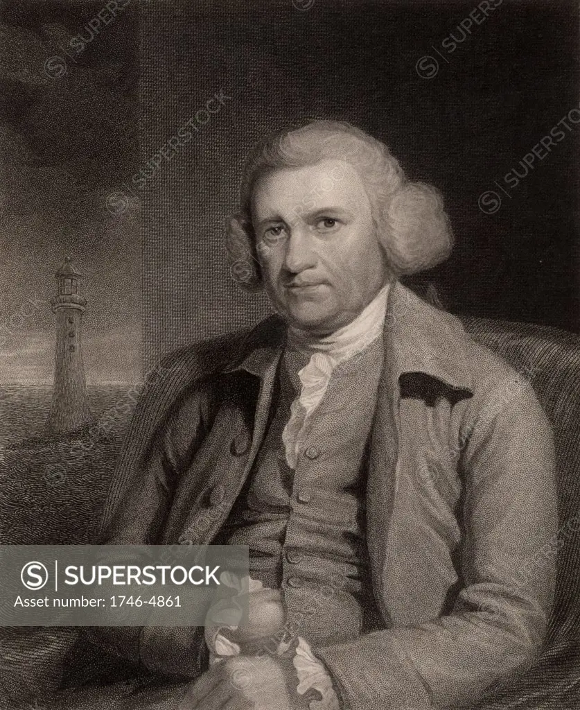 John Smeaton (1724-1792) English civil engineer born at Austhorpe near Leeds, Yorkshire.  In the background of the portrait is the third lighthouse on the Eddystone Rock in the English Channel off  Plymouth, Devon, which he constructed between 1757 and 1759. He also carried out researches into the mechanics of windmills and waterwheels, and made improvements to the Newcomen steam engine. From The Gallery of Portraits, Vol II, by Charles Knight (London, 1833). Stipple engraving.