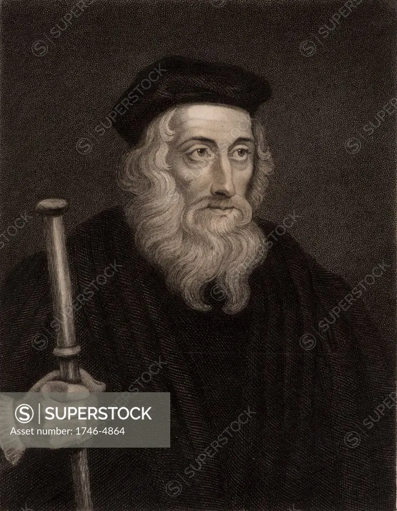 John Wycliffe (c1329-1384) English religious reformer.  Leader of the Lollards (Mumblers).  Questioned the doctrine of transubstantiation. Organised the  translation of Bible into English.  Precursor of Protestant Reformation. Engraving.