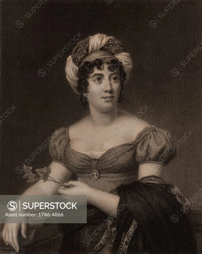Germaine de Stael (1766-1817) French woman of letters, novelist, intellectual, and political propagandist. Daughter of the banker Jacques Necker. Engraving after the portrait by Francois Gerard.  From The Gallery of Portraits, Vol VI, by Charles Knight , London, c1834.