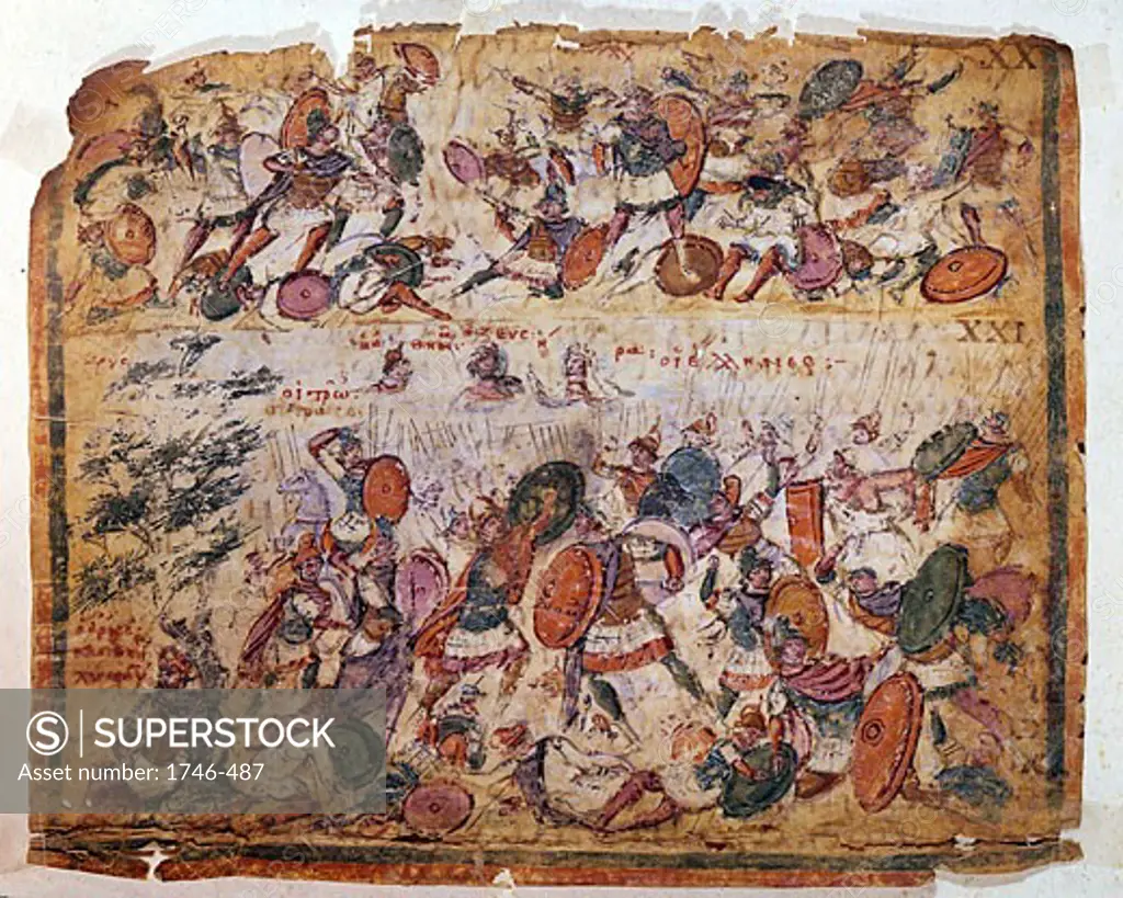 Battle scene from a manuscript of Homer Iliad c300 AD. Biblioteca Ambrosiana Milan.