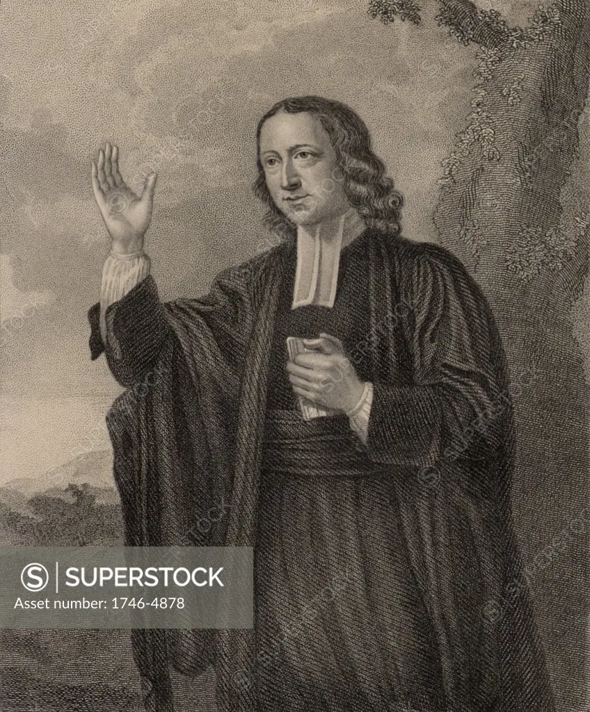 John Wesley (1703-1791) English non-conformist preacher. Founder of  Methodism.  Wesley at the age of 65 preaching in the open air. Engraving.