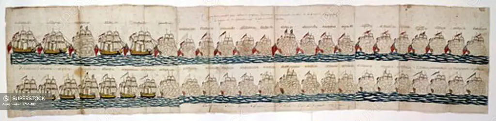 American War of Independence: Battle of Yorktown, 1781: two lines of battleships firing broadsides. From a French logbook. Henry Huntingdon Museum. Watercolour