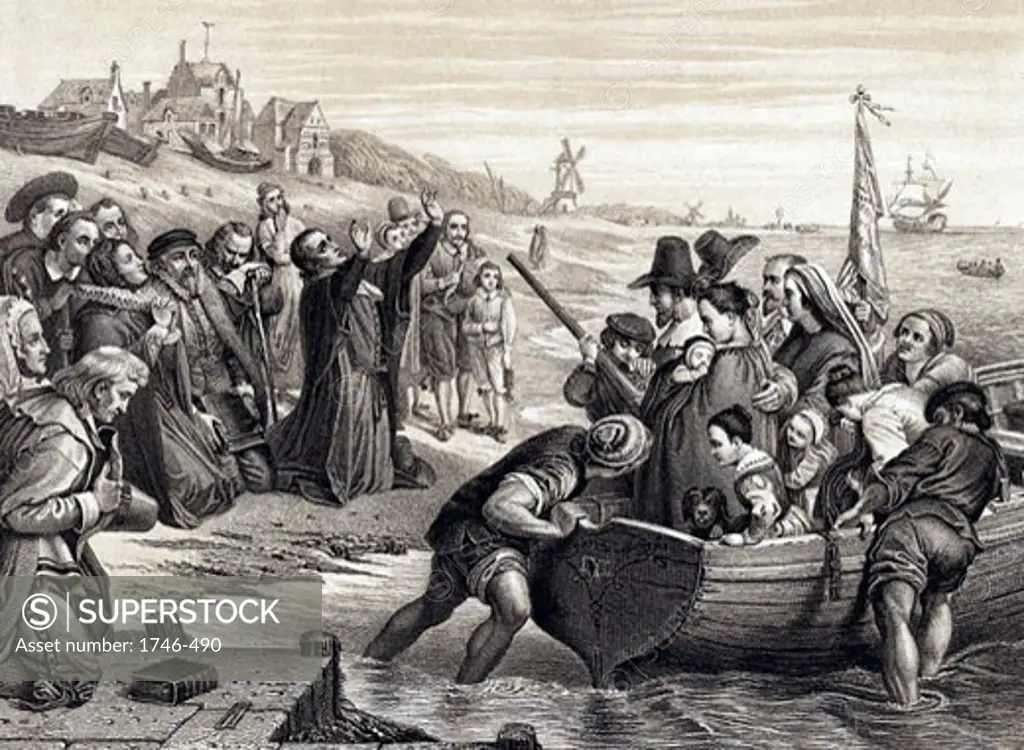 Pilgrim Fathers, members of English Separatist Church sect of Puritans,  leaving Delft Haven on their voyage to America July 1620. 1878 engraving after fresco by CW Cope