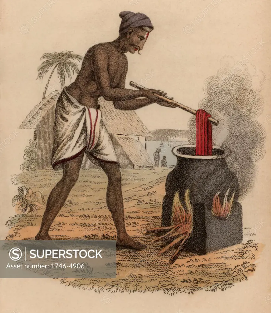 Dyeing skeins of silk,  India. Hand-coloured engraving published Rudolph Ackermann, London, 1822.