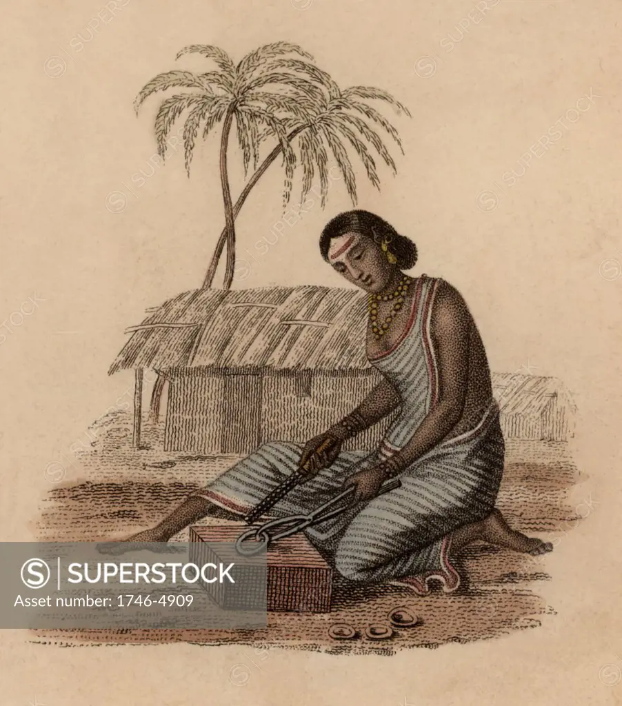 Brazier's wife filing imperfections from a small brass artefact: India. Hand-coloured engraving published Rudolph Ackermann, London, 1822.