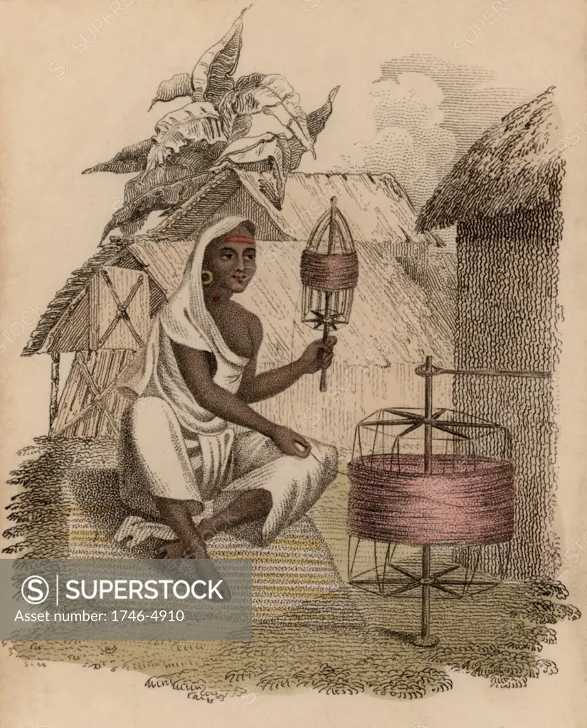 Indian woman winding silk thread. Hand-coloured engraving published Rudolph Ackermann, London, 1822.