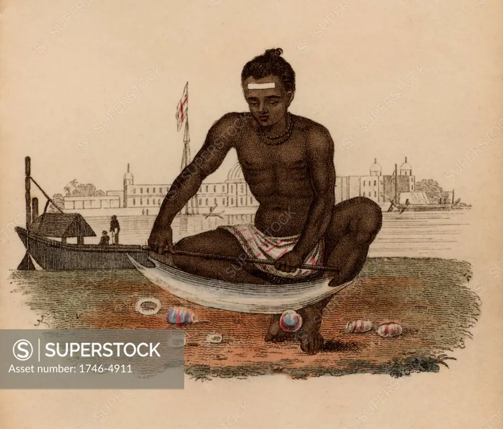 Indian Shell-cutter: He is holding the shell with his feet and cutting through it with blade mounted on handle.  Mother-of-Pearl or Nacre from shells was used for inlays, knife handles, buttons, and various other small decorative items.   Hand-coloured engraving published Rudolph Ackermann, London, 1822.