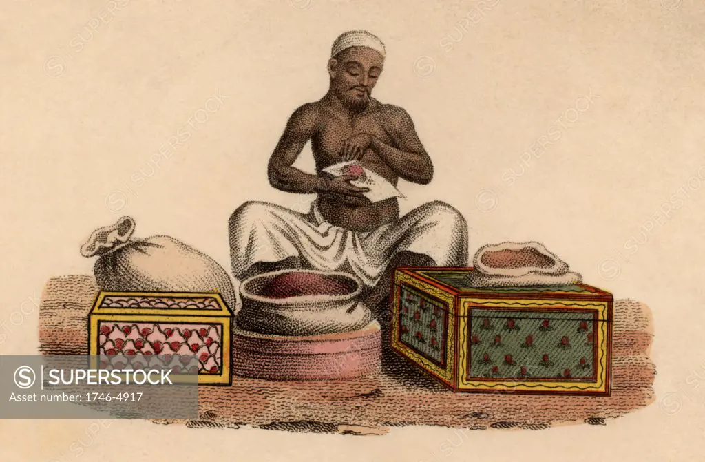 Indian Perfumer: hand-coloured engraving published Rudolph Ackermann, London, 1822.