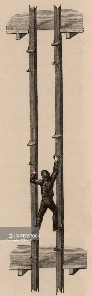 Man-engine or movable ladder adopted in Cornish mines.  From Underground Life; or, Mines and Miners by Louis Simonin (London, 1869). Wood engraving.