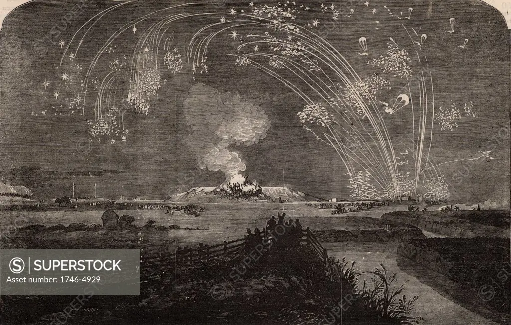 Crimean (Russo-Turkish) War 1853-1856. Bonfire and fireworks on Woolwich Marshes, England, celebrating the fall of Sebastopol (Sevastopol), 11 September 1855.  From The Illustrated London News (London, 22 September 1855). Engraving.