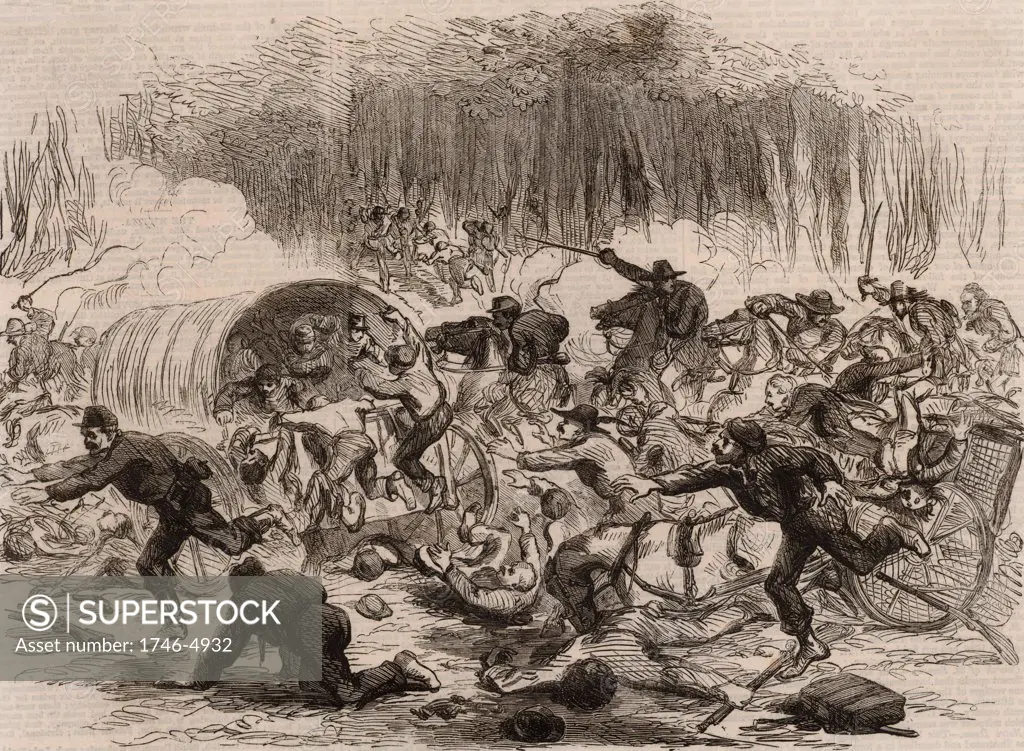 American Civil War 1861-1865. First Battle of Bull Run (Manassas, Virginia). Defeat and stampede of the Union troops, 21 July 1861. From The Illustrated London News (London, 1861). Engraving.