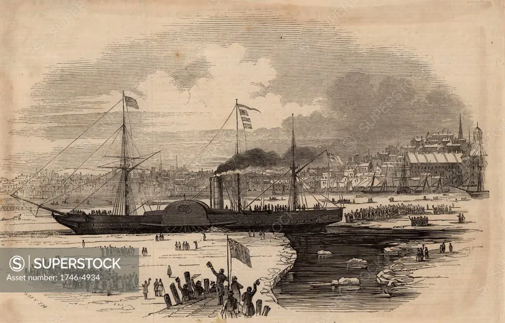 Paddle steamer 'Britannia' leaving Boston, USA.  This was the vessel in which the English novelist Charles Dickens sailed from Liverpool to America in 1842. From The Illustrated London News (London, 23 October 1847). Engraving.
