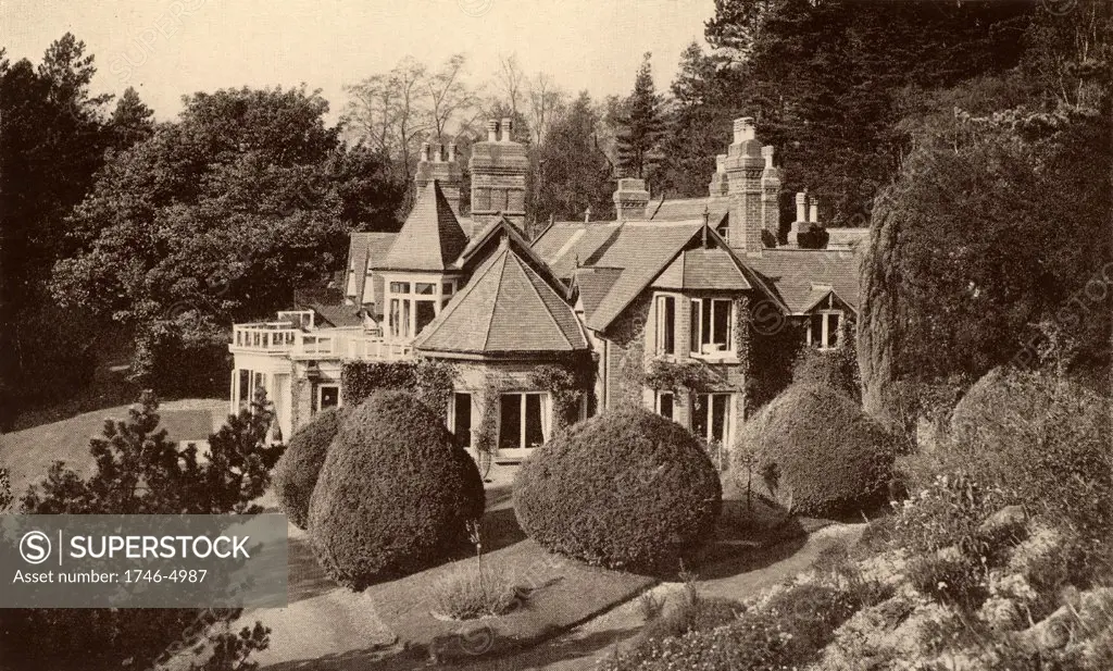 Wind's Point, the house in the Malvern Hills, Worcestershire, England, bought by George (1839-1922) and Richard (1835-1899) Cadbury, the English Quaker Chocolate manufacturers,  as a country retreat for their families.  The Swedish soprano Jenny Lind (1820-1887) lived here for her last 15 years before the Cadburys acquired it. Halftone after a photograph c1920 from The Life of George Cadbury by AG Gardiner (London, 1923).