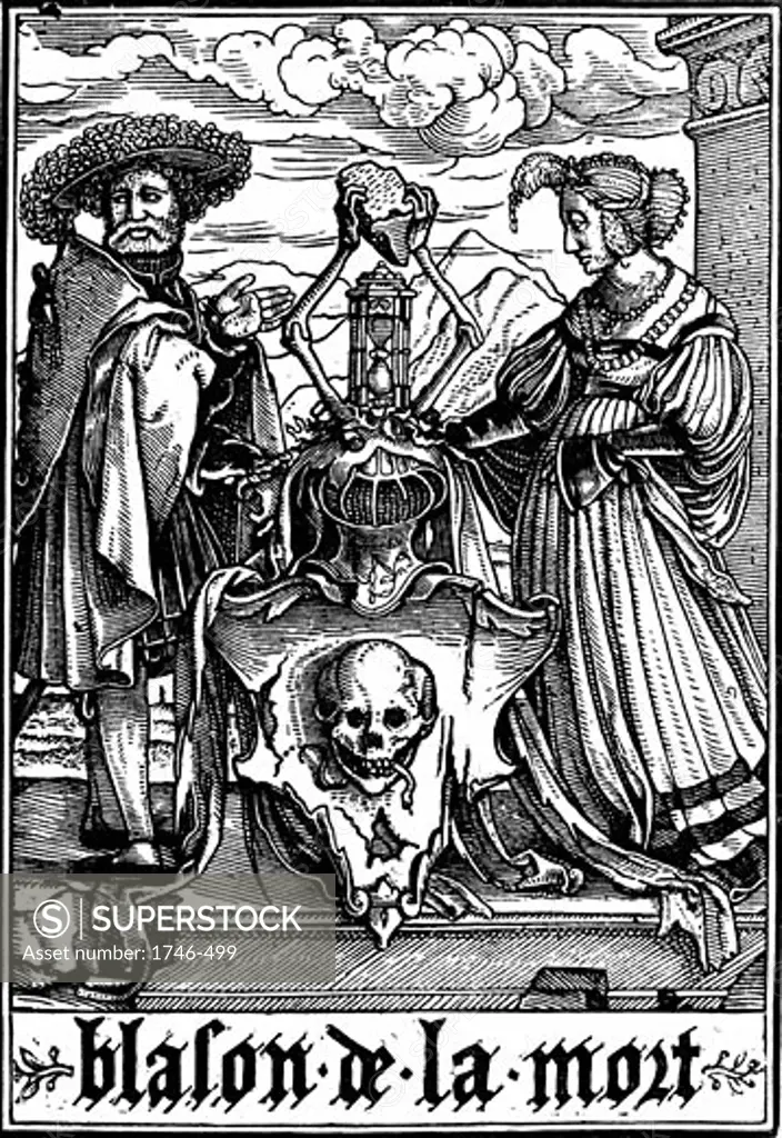 The Arms of Death. From Hans Holbein the Younger Les Simulachres de la Mort (Dance of Death). Woodcut 1538