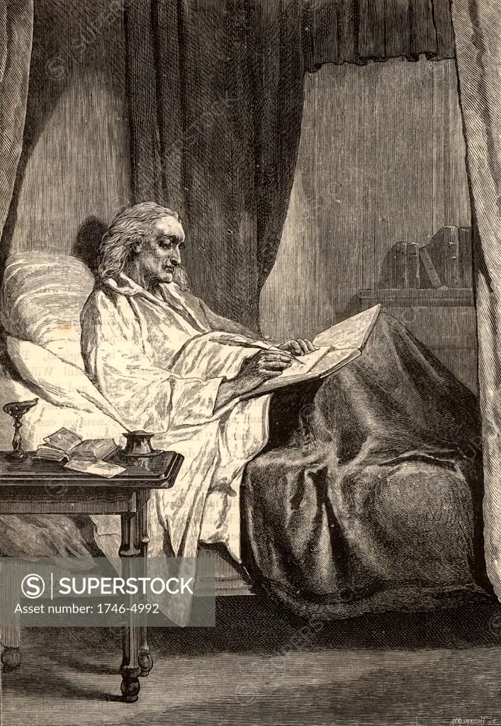 John Wesley (1703-1791) English evangelical preacher and founder of Methodism.  Wesley on his deathbed writing to William Wilberforce the campaigner for the abolution of slavery. Engraving from Heroes of Britain by Edwin Hodder (London, c1880).