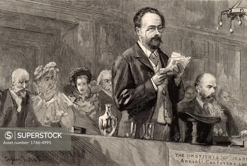 Emile Zola (1840-1902) French journalist and novelist of the Naturalistic school, addressing the conference of the Institute of Journalists in London, 1893. The title of the paper he gave was 'L'Anonymat dans la Presse' (Anonymity in Journalism). Engraving.