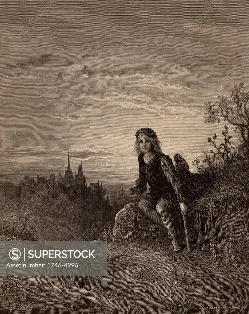 Richard (Dick) Whittington (c1358-1423) English merchant and philanthropist who was three times Lord Mayor of London, England. Dick as a boy at Highgate, hearing the bells of the city saying Turn again Whittington, Lord Mayor of London. Illustration by Gustave Dore (1821-1883). Wood engraving.