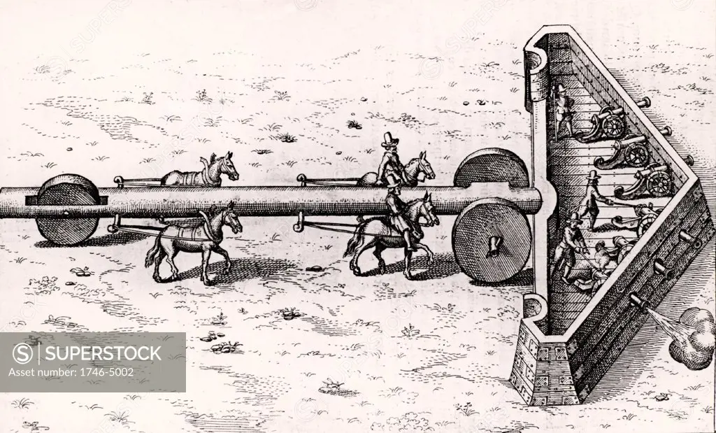 Proposed method of moving artillery battery towards the enemy while giving some protection to the guns and gunners. Engraving from Utriusque cosmi ... historia by Robert Fludd (Oppenheim, 1617-1619).