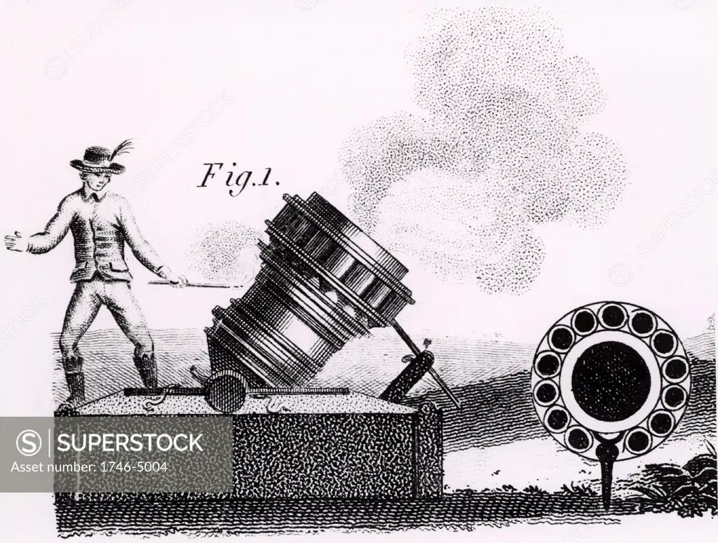 A mortar firing 'partridges', showing the barrel in cross-section.  A large bomb was placed in the centre chamber and a number of smaller ones like hand grenades in the surrounding chambers. When fired, the projectiles were hurled towards the target like a covey of partridge.  Stipple engraving from Encyclopaedia Londinensis Vol II (London, c1800).