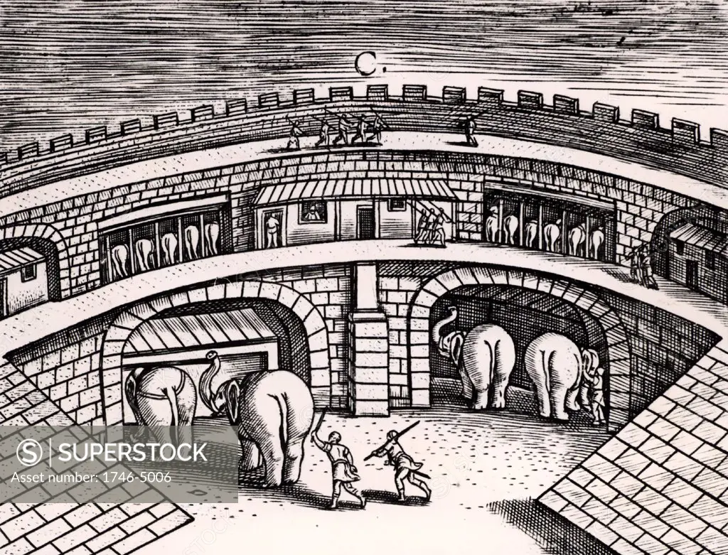 Roman army stables with elephants at ground level, with horses on the upper level.   From Poliorceticon by Justus Lipsius (Antwerp, 1605). Copperplate engraving.